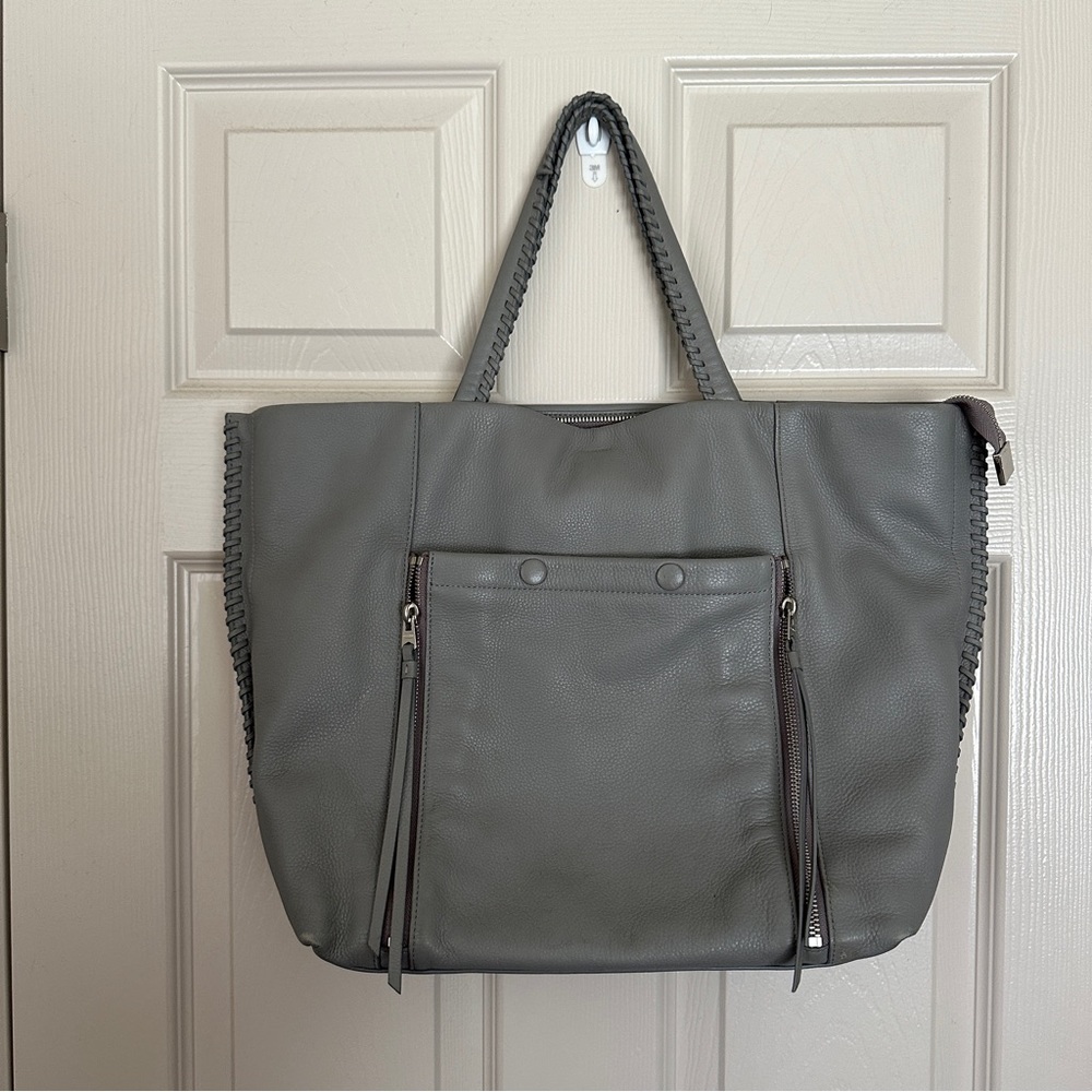 all saints grey genuine leather large shoulder tote bag